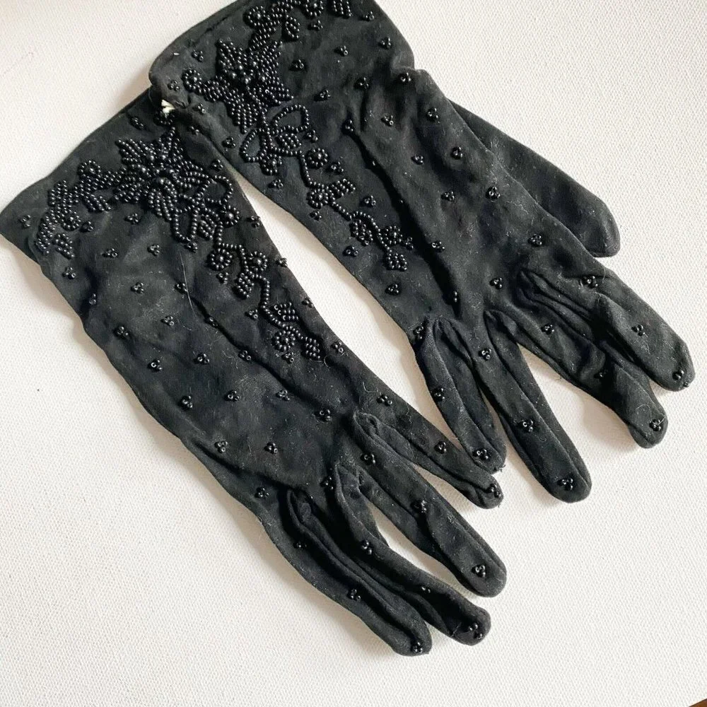 Vintage Deadstock Black Stretchy Beaded Black Wrist Gloves Fine Quality 7